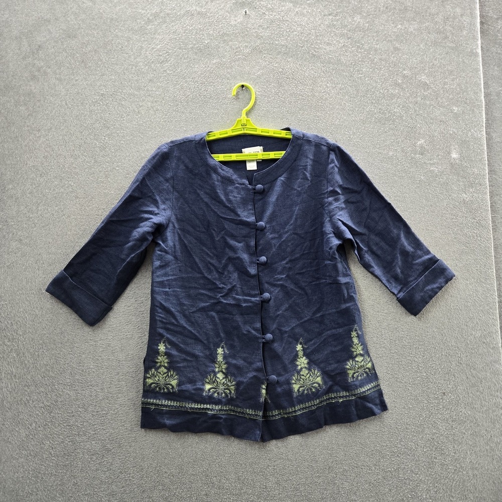 Coldwater Creek Women Blouse PS Blue Linen Floral Button Embroidered Round Neck